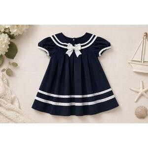 Rare Editions Sailor Dress 24M Navy White Nautical Puff Sleeve Party